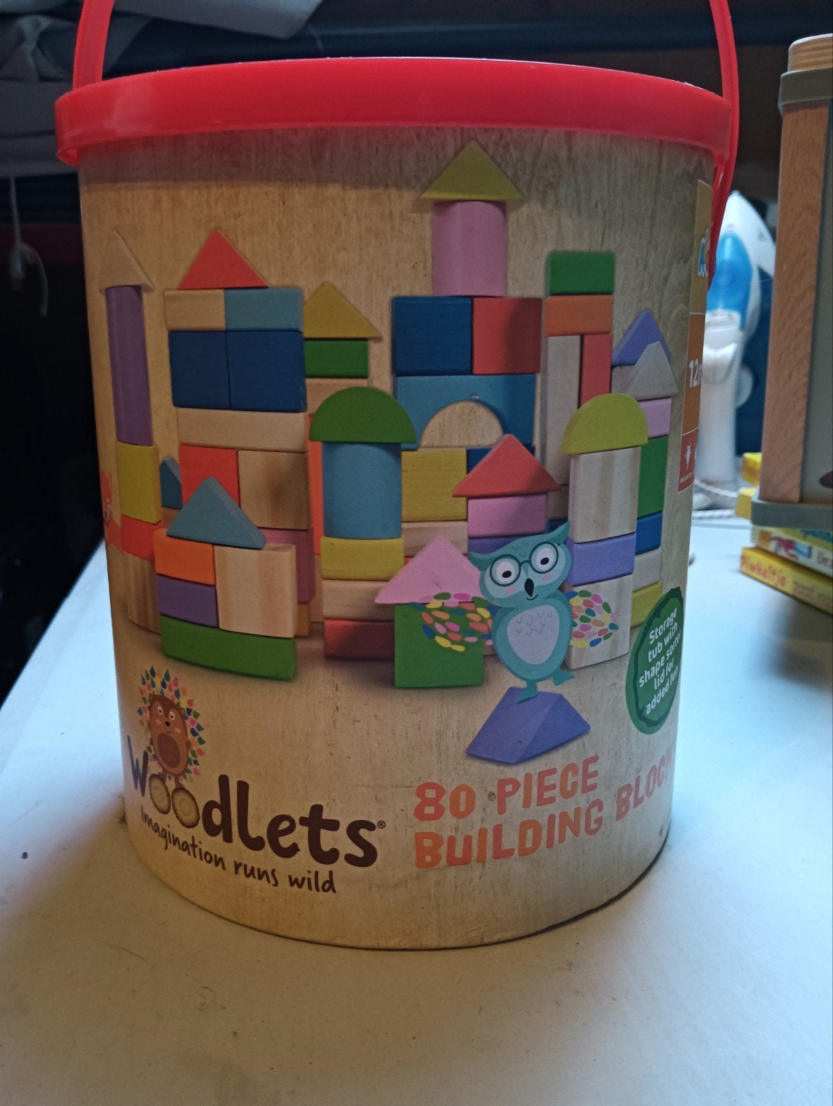 Woodlets 80-delige houten bouwblokken in emmer, Ophalen, Zo goed als nieuw, Overige merken