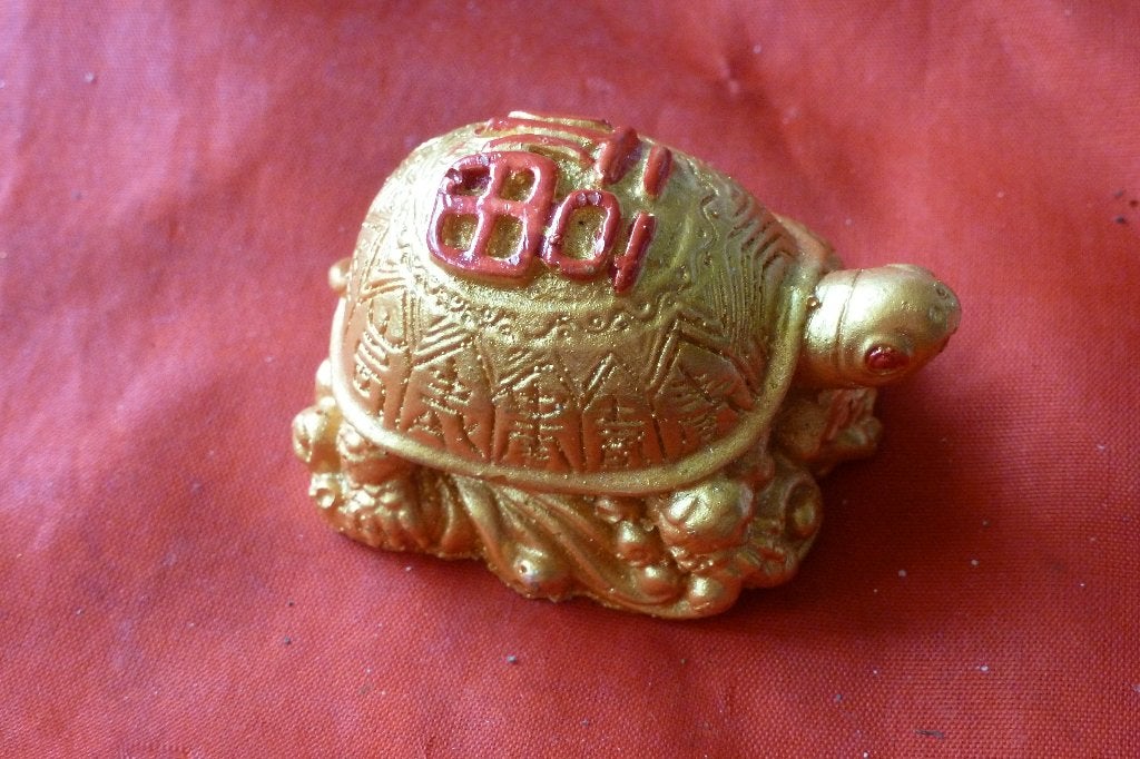 Thaise amulet - beeld schildpad steen goudkleurig 5,5 bij 4, Overige materialen, Ophalen of Verzenden, Zo goed als nieuw, Goud