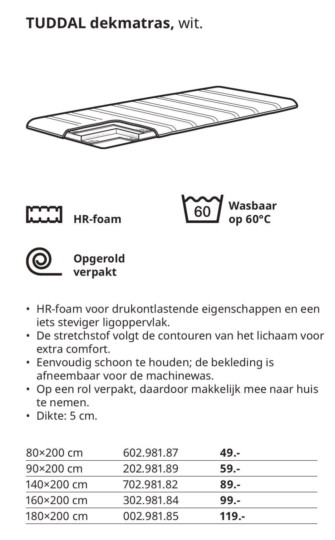 Ikea Tuddal dekmatras 90 x 200 cm, nieuw, Huis en Inrichting, Slaapkamer | Matrassen en Bedbodems, Ophalen, 90 cm, Eenpersoons