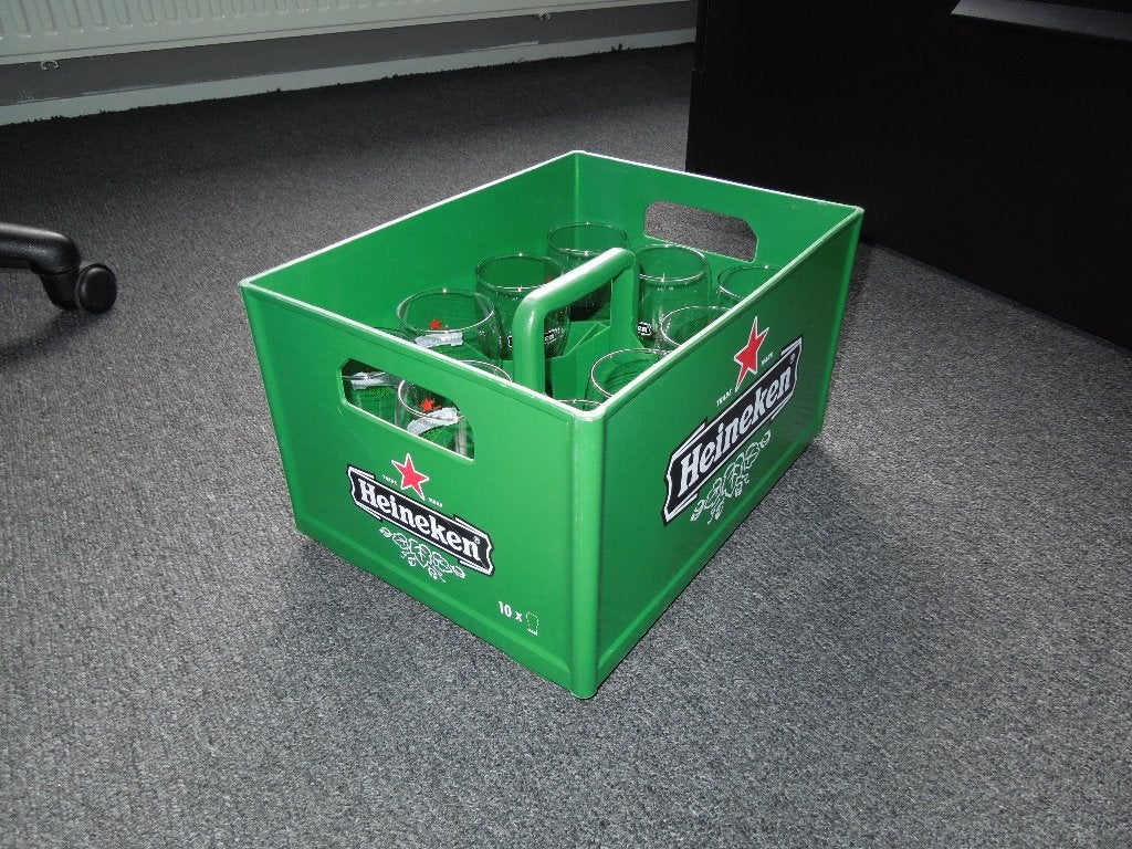 Groen Heineken kratje met 10 originele tulp glazen, Ophalen of Verzenden, Gebruikt, Glas of Glazen, Heineken
