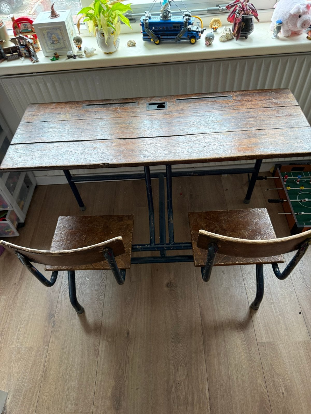 Vintage schoolbank met twee stoelen, Antiek en Kunst, Ophalen