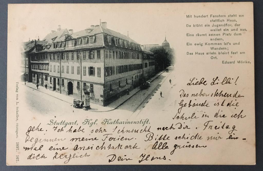 prentbriefkaart Duitsland Stuttgart Katharinenstift 1897., Ophalen of Verzenden, Voor 1920, Gelopen, Sterren en Beroemdheden