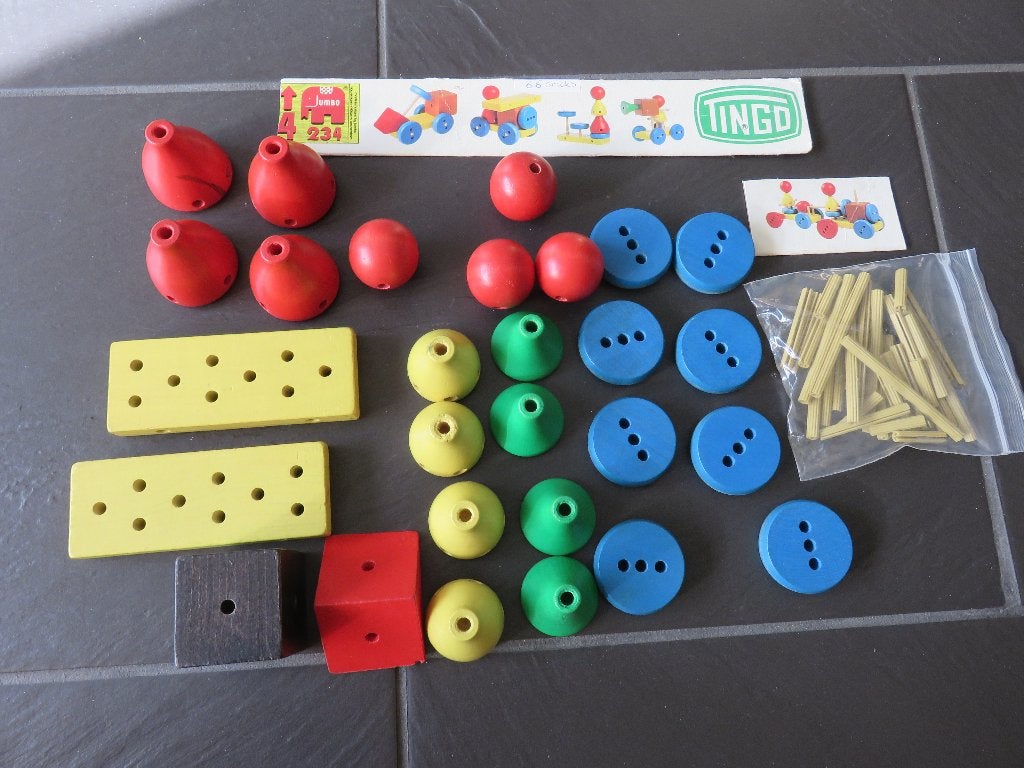 Tingo houten constructie set 234 met voorbeelden, 66delig, Ophalen of Verzenden, Gebruikt