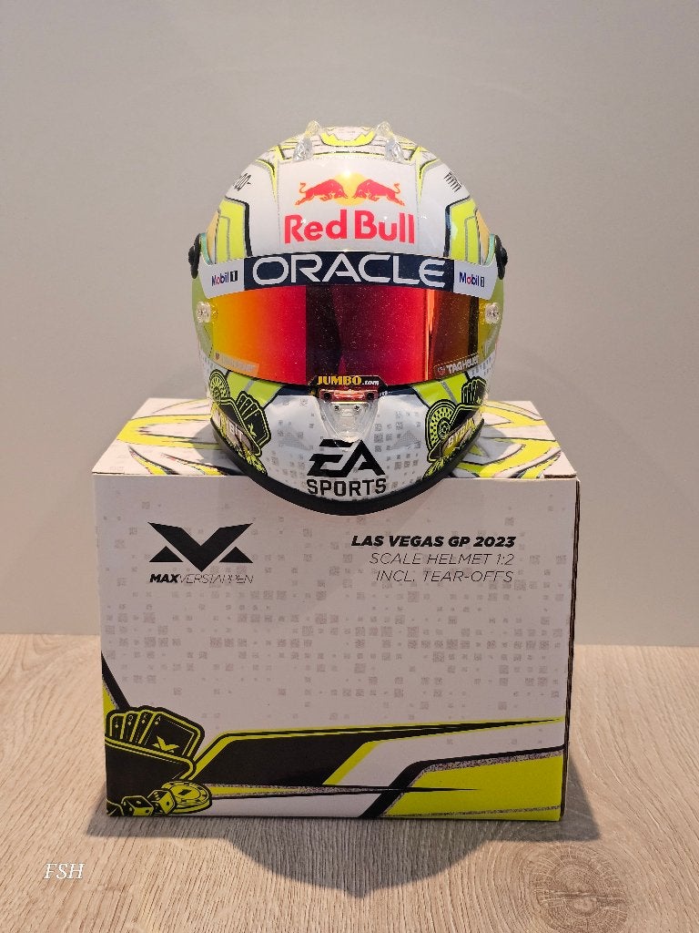 Max Verstappen, helm 1:2, GP Las Vegas 2023 / WERELDKAMPIOEN, Verzamelen, Ophalen of Verzenden, Nieuw, Formule 1