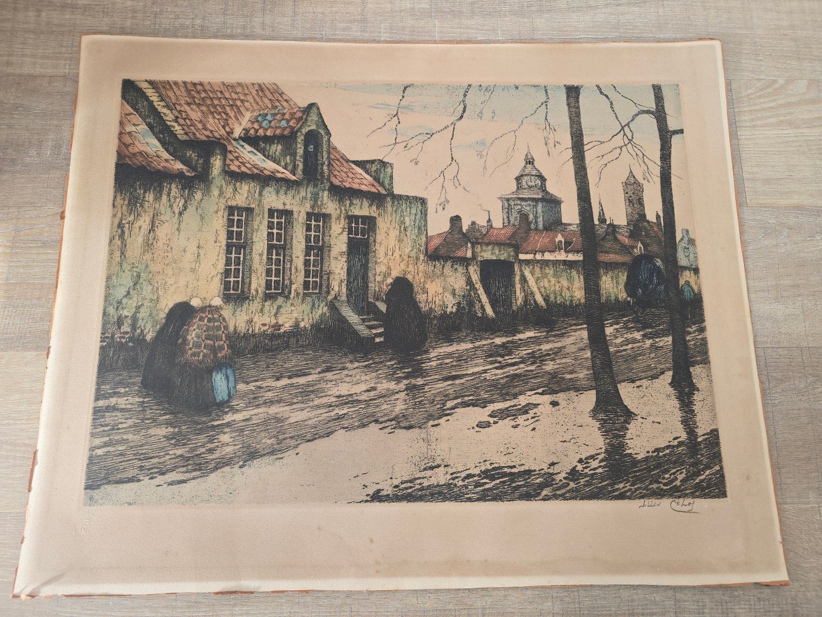 Antieke handgekleurde ets van 1911 door Julien Celos €99, Antiek en Kunst, Ophalen of Verzenden, Ets, Gesigneerd