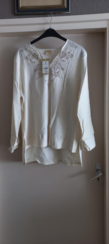 Nieuwe witte linnen/viscose blouse met borduursel, Kleding | Dames, T-shirts, Wit, Maat 46/48 (XL) of groter, Nieuw, Ophalen of Verzenden