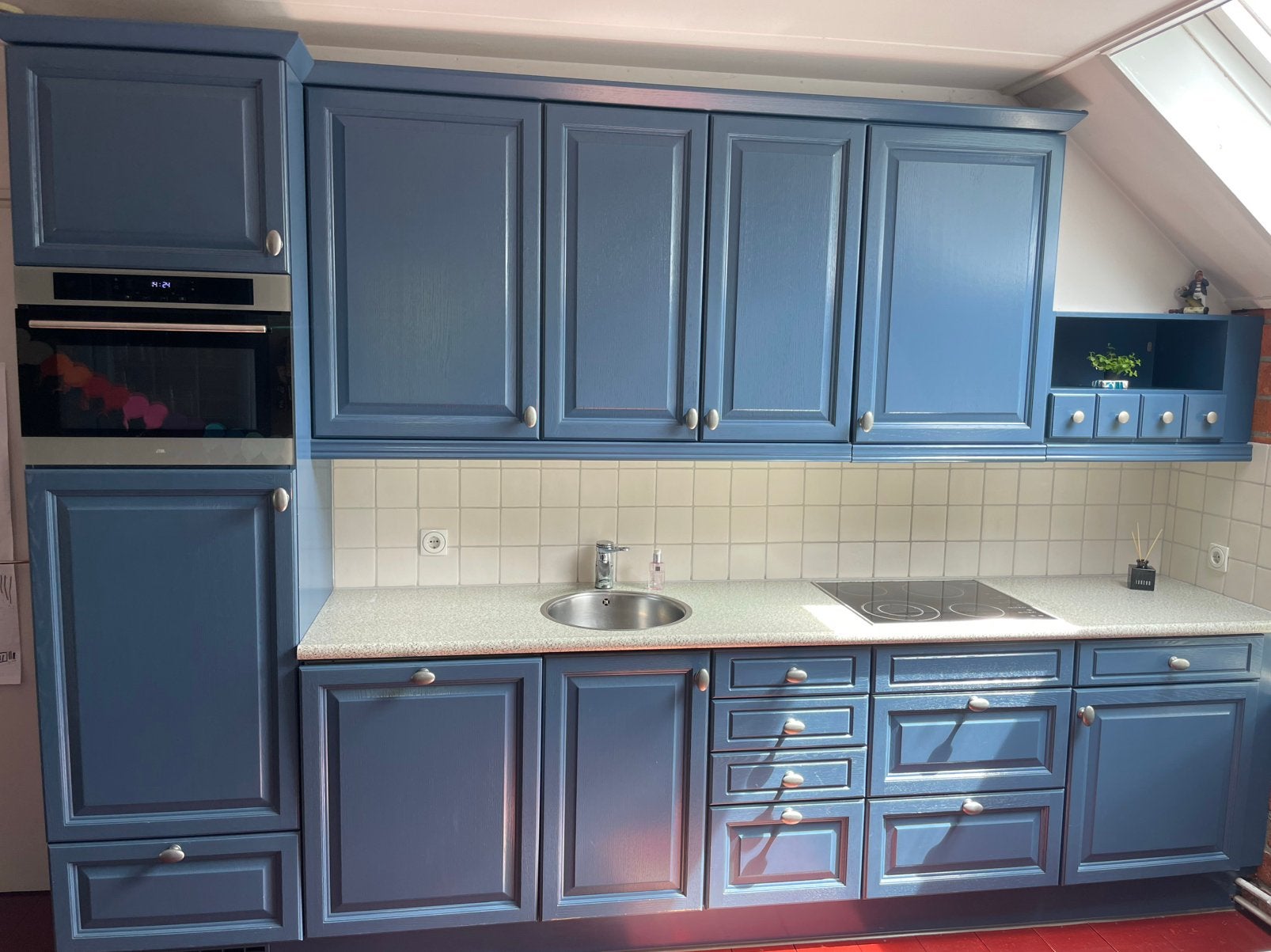 Blauwe keller keuken, Huis en Inrichting, Keuken | Complete keukens, Ophalen, Gebruikt, Blauw, Enkelwandige keuken