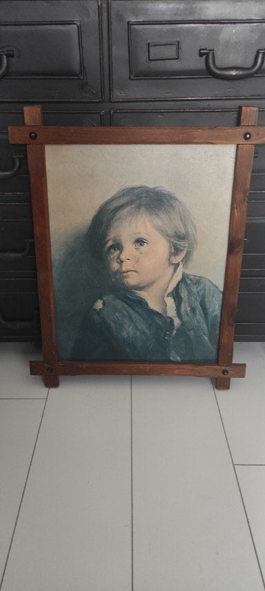 Vintage schilderij huilend jongetje Bragolin, Minder dan 50 cm, Gebruikt, 50 tot 75 cm, Overige typen