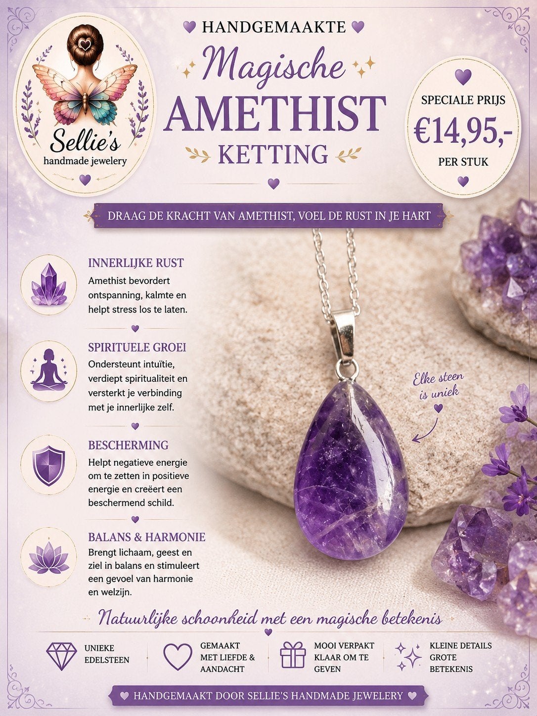 🦋 Sellie's handmade jewelery 🦋, Sieraden, Tassen en Uiterlijk, Kettingen, Paars, Nieuw, Ophalen of Verzenden, Steen of Mineraal