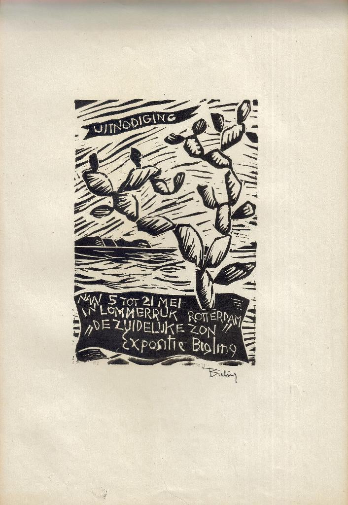 Herman Bieling lino "Uitnodiging Expositie De Zuidelijke Zon, Ophalen, Dagelijks leven, Overige technieken, Origineel