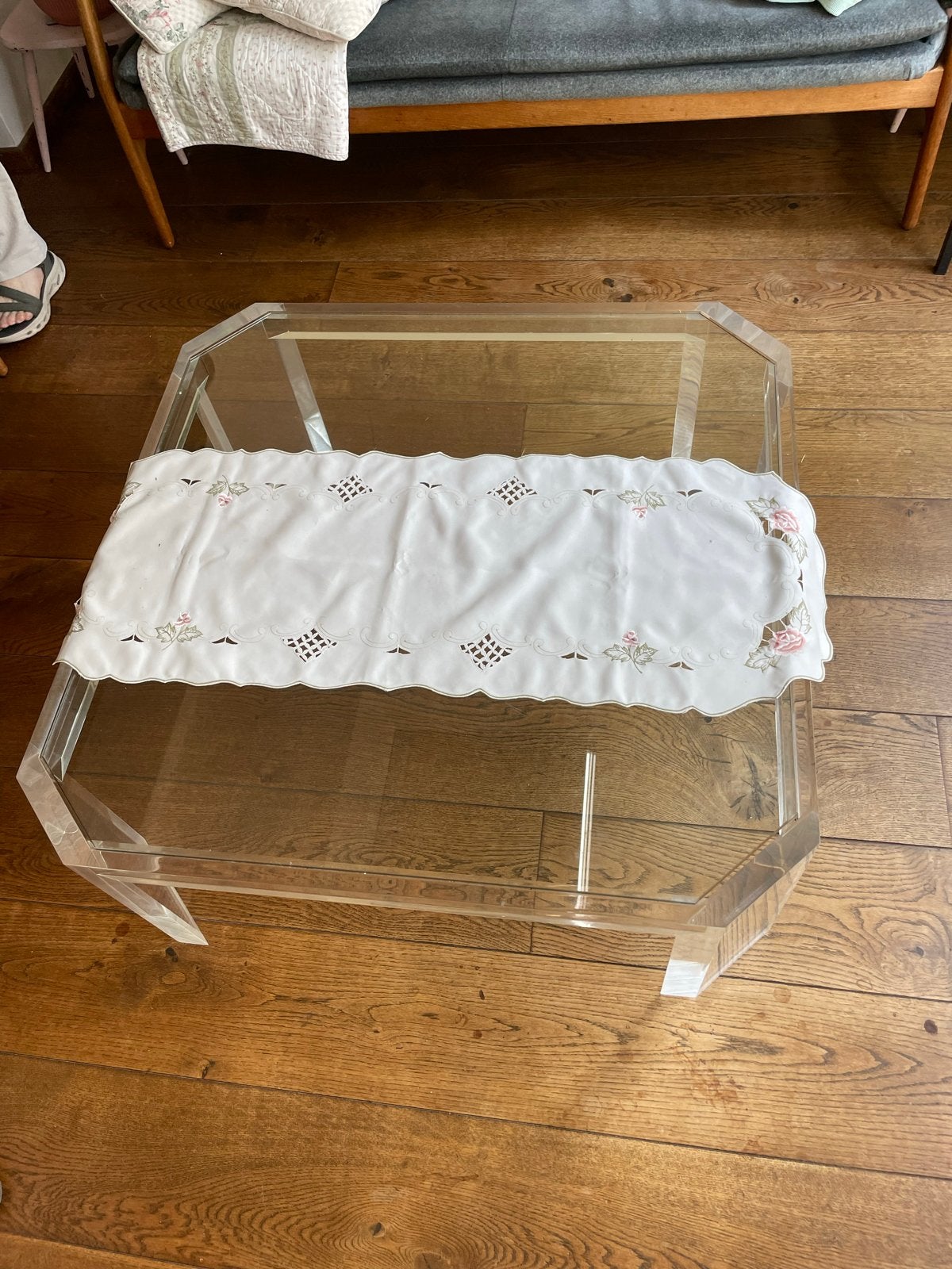 Salontafel met hardglas middenstuk en plexiglas poten, Ophalen, Gebruikt, 50 tot 100 cm, Vierkant