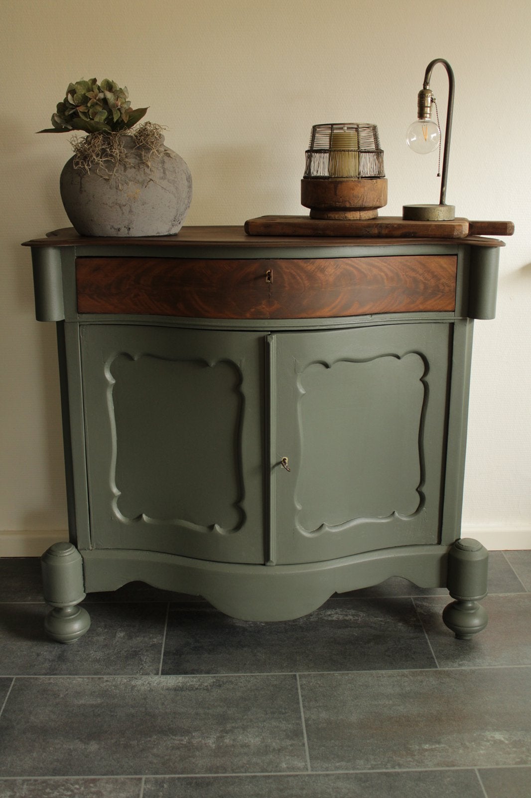 Prachtig Biedermeier penantkastje grijs / groen, Ophalen