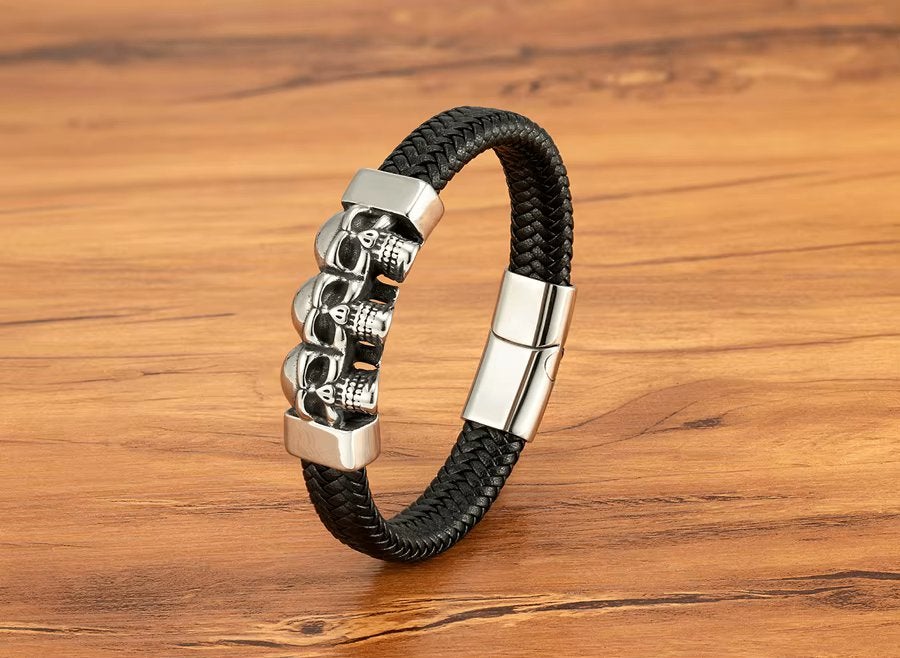 Zwarte Zilveren Leren Doodskoppen Heren Armband, Verzenden, Nieuw, Zwart, Leer