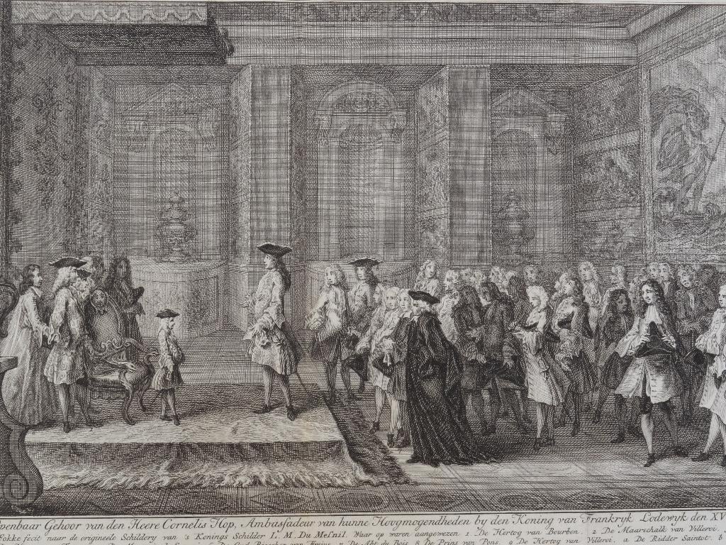 Gravure Openbaar gehoor Cornelis Hop bij Lodewijk XV 1719, Dagelijks leven, Verzenden, Gravure, Origineel