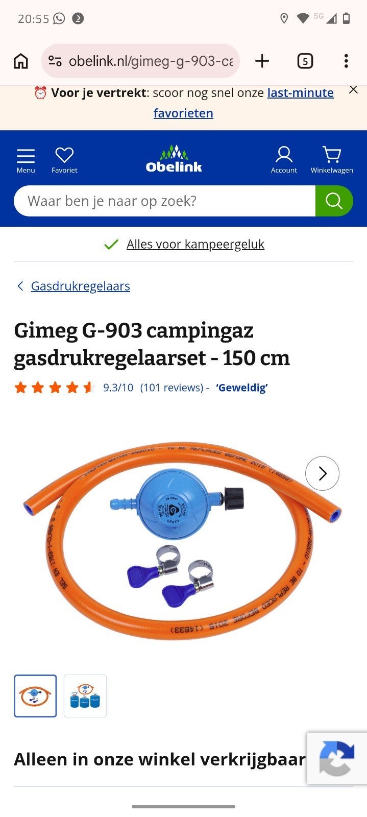 Gimeg G-903 campingaz gasdrukregelaarset - 150 cm, Ophalen of Verzenden, Nieuw