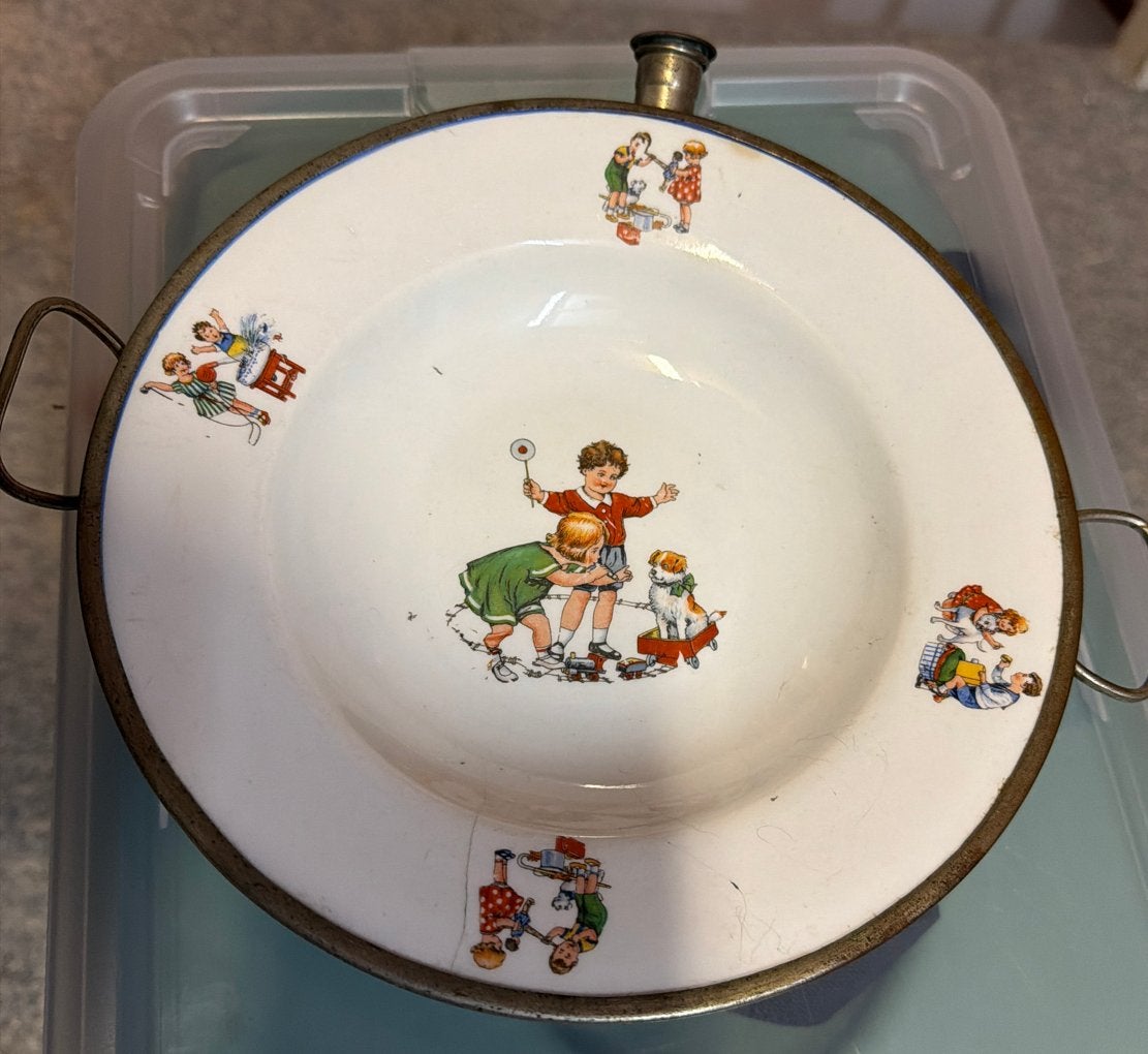 Antieke kinder bord met vrolijke illustraties, Overige materialen, Gebruikt, Ophalen of Verzenden, Bord(en)