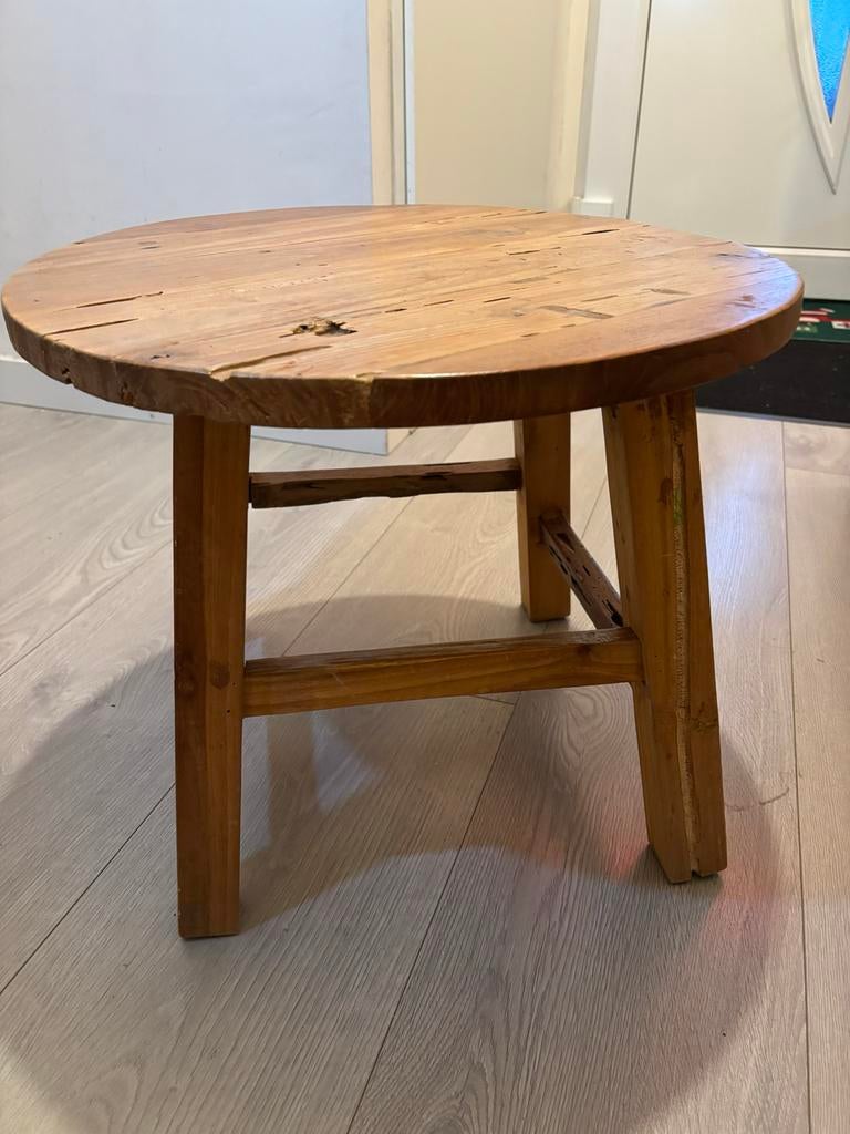 Massief Teakhouten Bijzettafel / Krukje - Robuust & Rond, Minder dan 45 cm, Minder dan 55 cm, Gebruikt, Rond