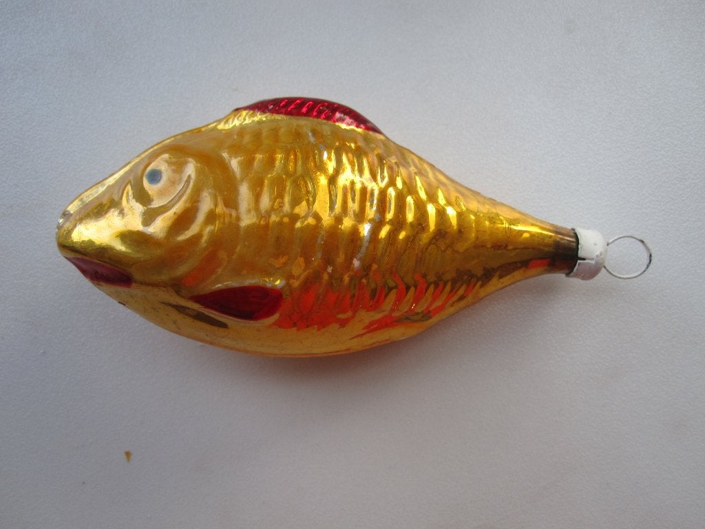 Oude Antieke Vintage Kerstbal Vis Goudvis, Ophalen of Verzenden, Gebruikt