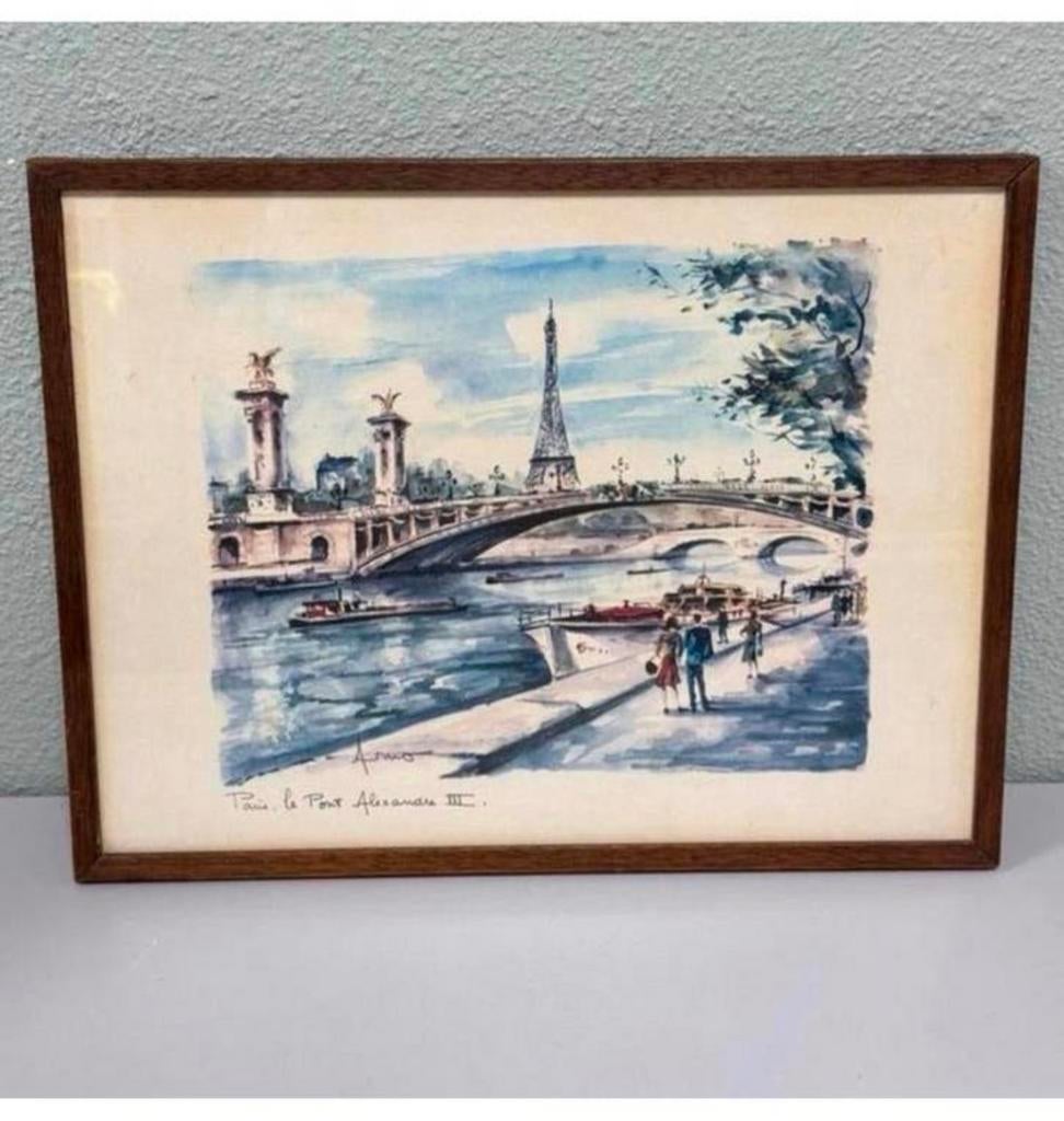 Antiek Schilderij Pont Alexandre III Parijs brug Seine paris, Ophalen of Verzenden