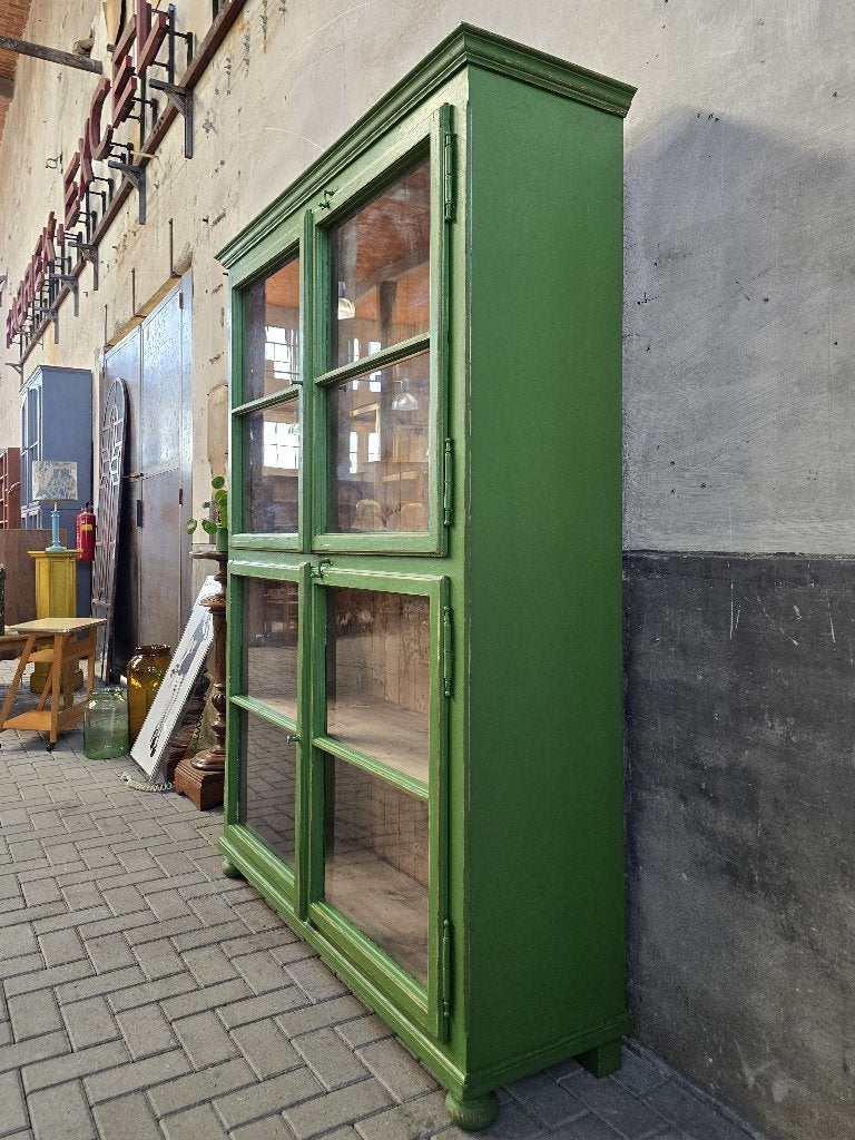 XL Vintage Houten Vitrinekast Groen | Grote Vitrine Kast 1, Huis en Inrichting, Antiek Retro Vintage Brocante Landelijk, 200 cm of meer