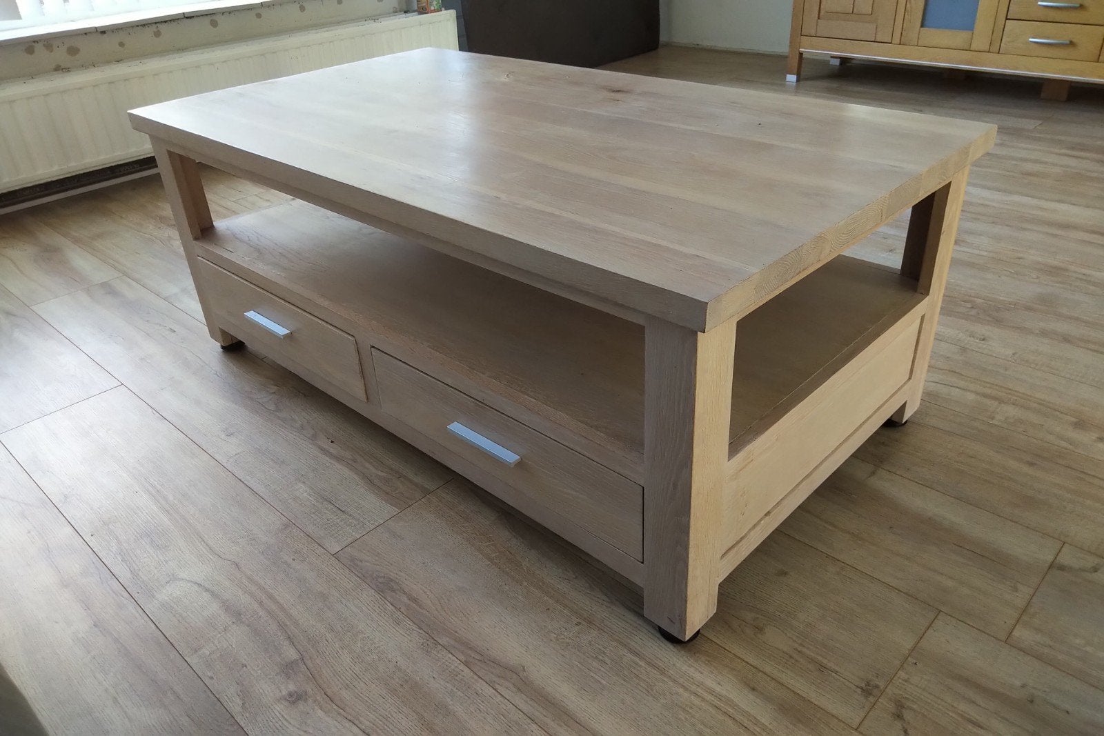 Prachtig Massief eiken (geen fineer) salontafel white wash, 100 tot 150 cm, Eikenhout, Zo goed als nieuw, Modern