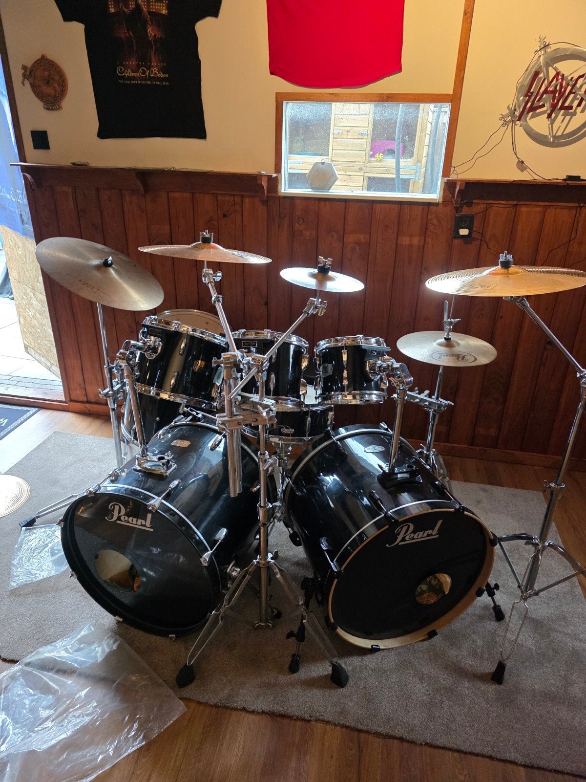Pearl drumstel met dubbele bassdrum en bekkens, Ophalen, Gebruikt, Pearl