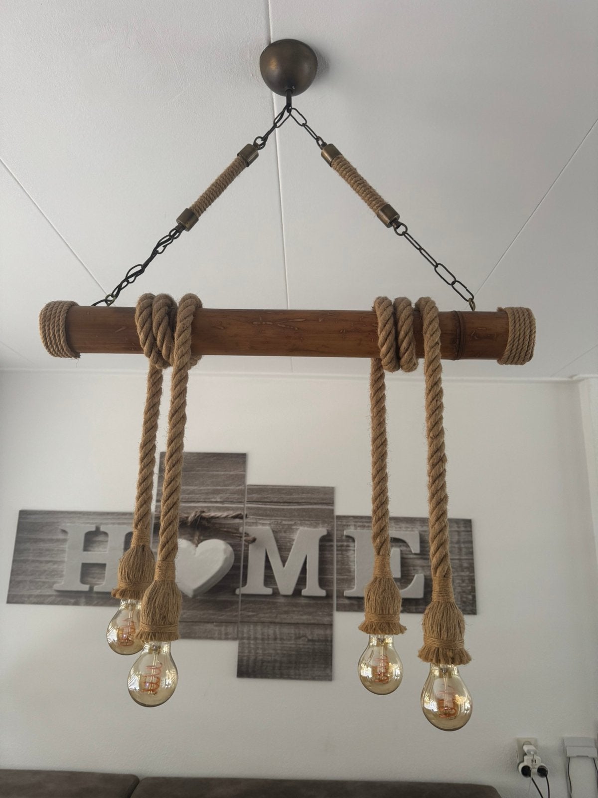 2 stuks industriële bamboe hanglampen met Philips dimlamp, Ophalen of Verzenden, Zo goed als nieuw, Hout