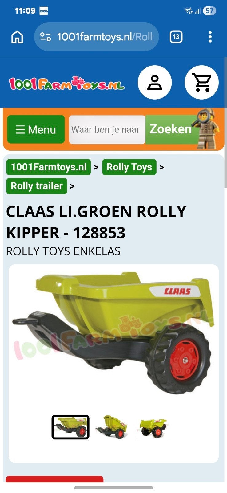 Claas Rolly Toys Enkelas Kipper - Groen Aanhanger, Ophalen of Verzenden