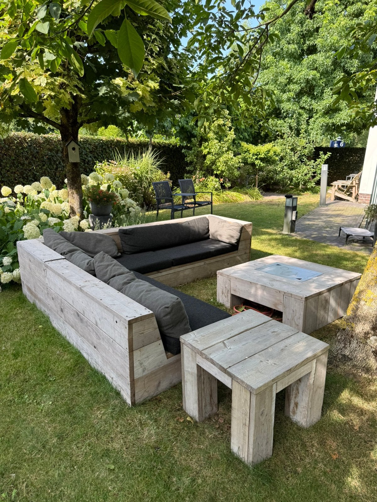 Luxe steigerhouten loungeset, incl gashaard & bartafels, Ophalen, Gebruikt, Loungeset, 7 zitplaatsen