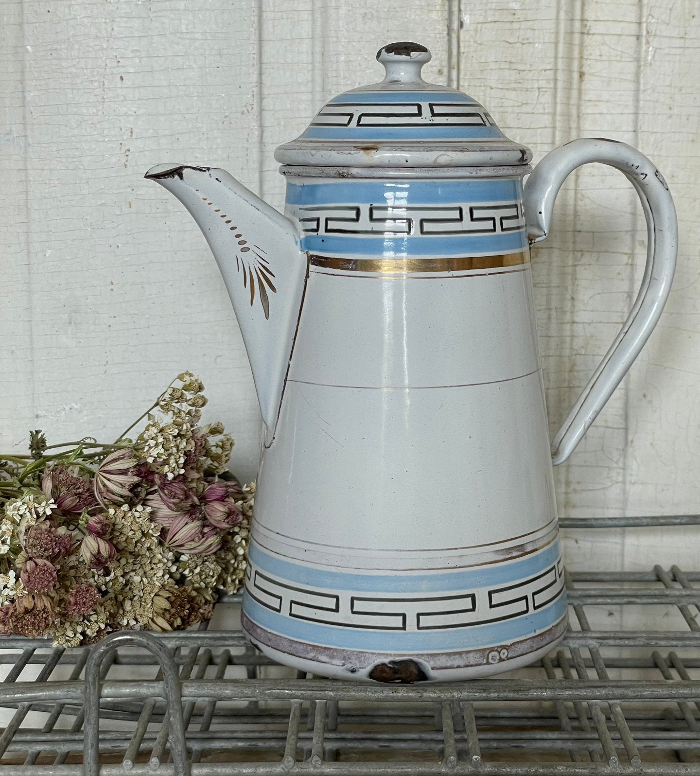 Emaille oud Frans koffiepotje wit met licht blauw, Ophalen of Verzenden