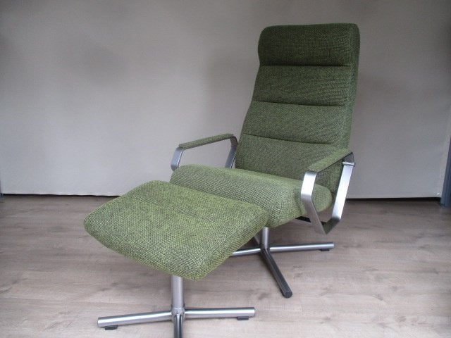 NIEUWSTAAT Montel design relax fauteuil + hocker stof groen, 75 tot 100 cm, Ophalen of Verzenden, Zo goed als nieuw, Hout