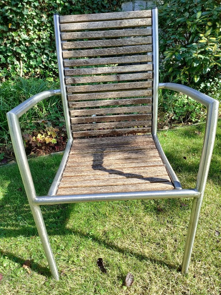 Vier RVS tuinstoelen met eiken latwerk, Tuin en Terras, Ophalen, Gebruikt, Rvs
