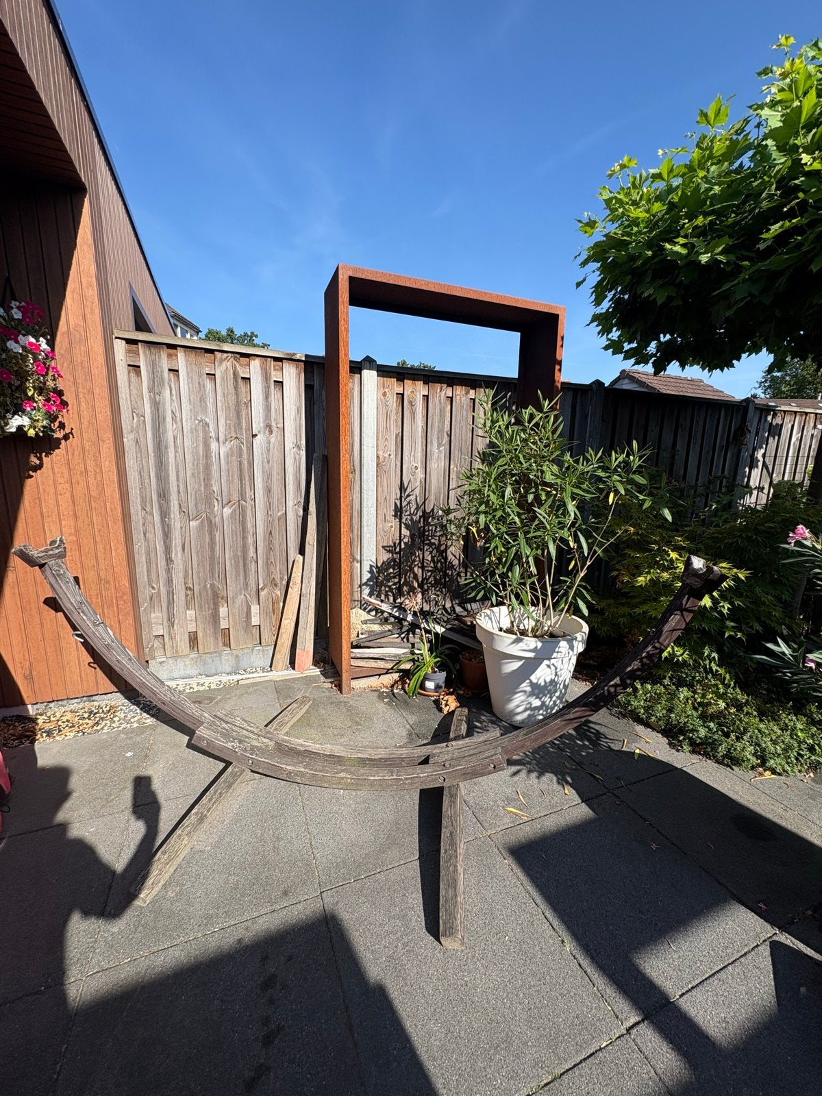 Hangmat standaard hardhout 260x120x102 cm (excl. hangmat), Tuin en Terras, Ophalen, Gebruikt, Meerpersoons, Met standaard