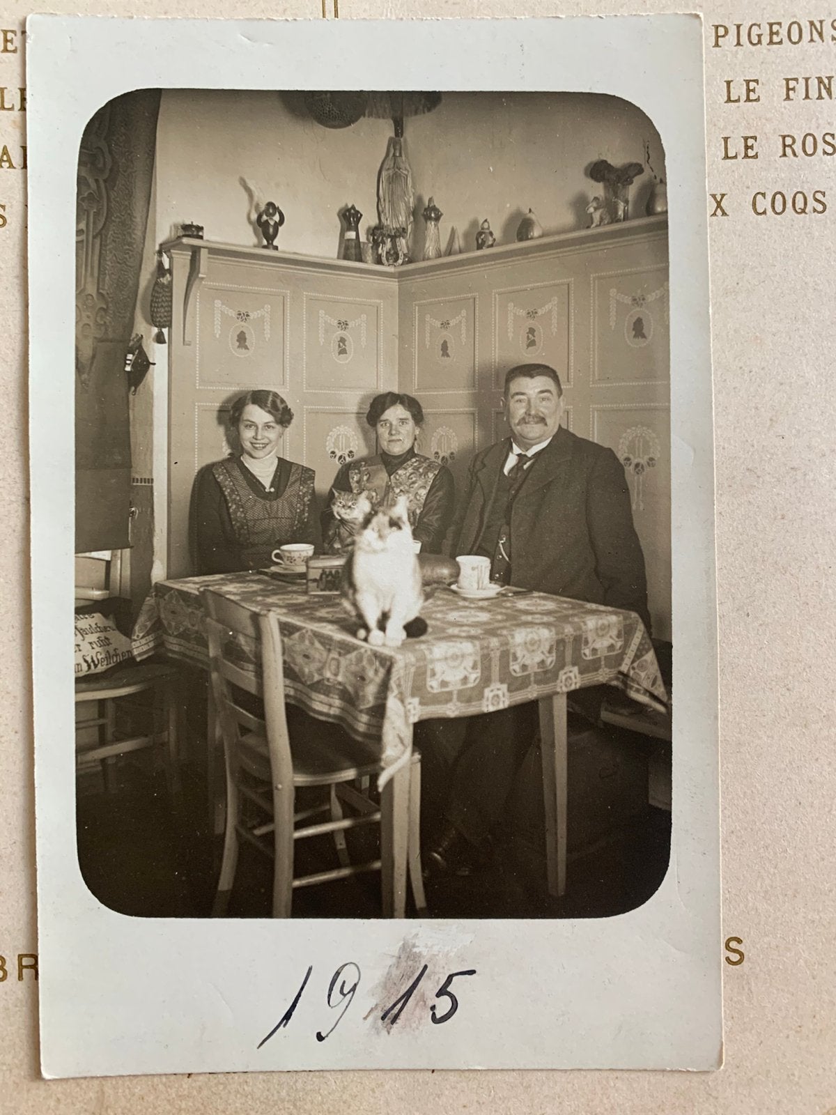 GERESERVEERD 1915 Foto - keukentafel met twee poezen (CB), Gebruikt, Foto, Ophalen of Verzenden, Voor 1940