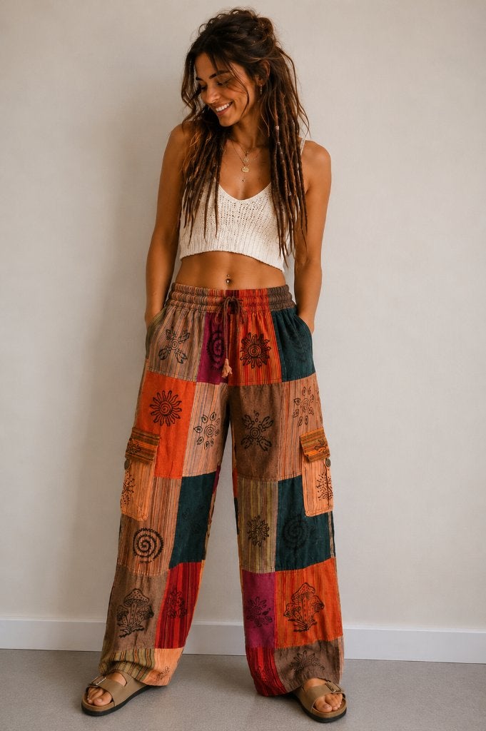 Boho patchwork broek Nepal 100% katoen L hippie festival, Kleding | Dames, Handmade, Meerkleurig, Maat 42/44 (L), Ophalen of Verzenden