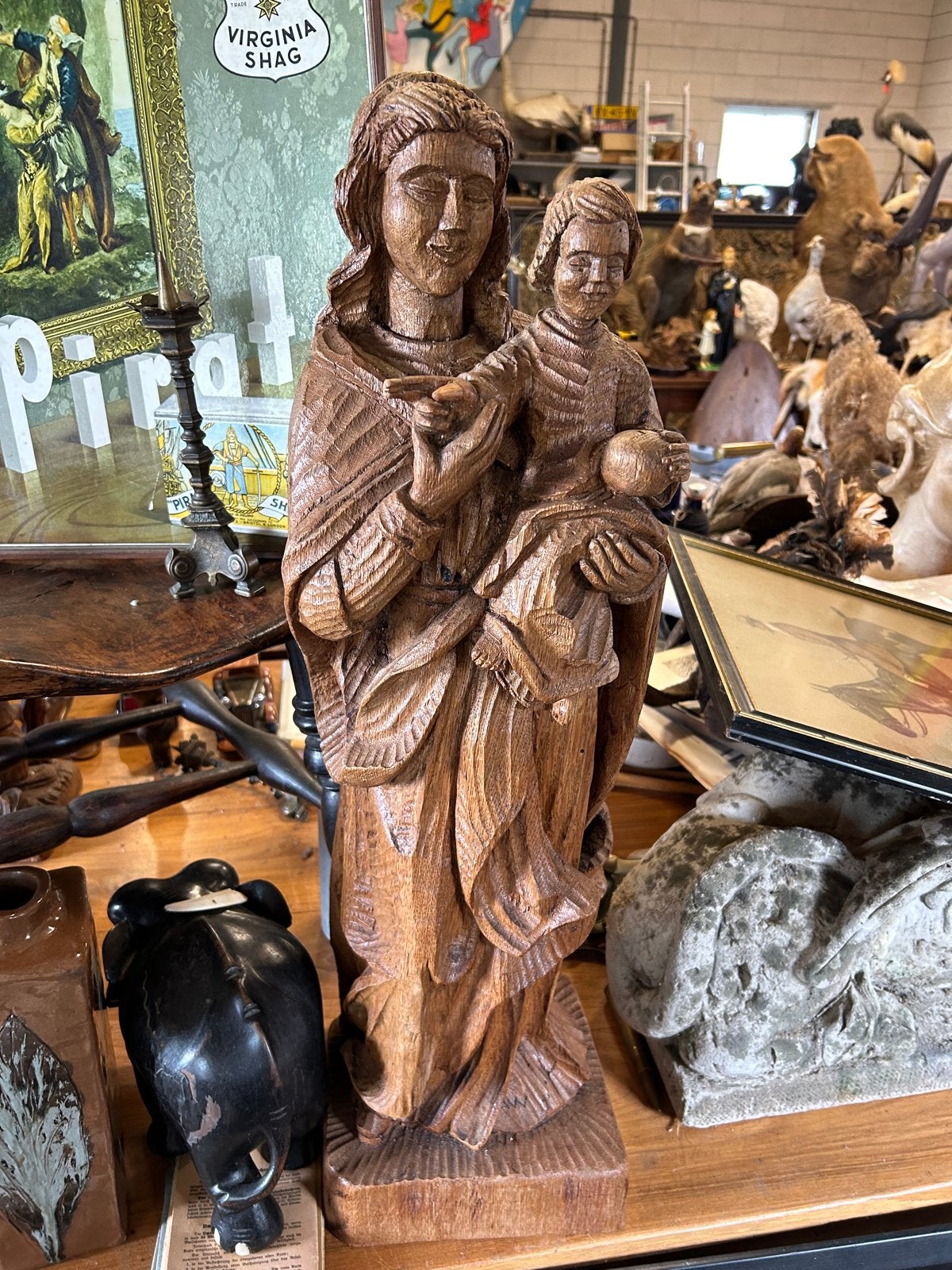 Oud eiken beeld van Maria met kind, Antiek en Kunst, Kunst | Beelden en Houtsnijwerken, Handgemaakt, Beeld, Hout, Bruin