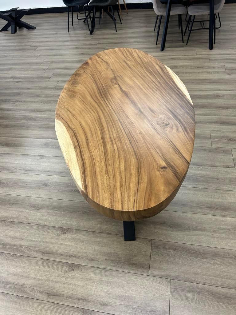 Unieke Suar Ovale Eettafel – 160 cm | Boomstam Design, 100 tot 150 cm, Ophalen of Verzenden, Zo goed als nieuw, Ovaal