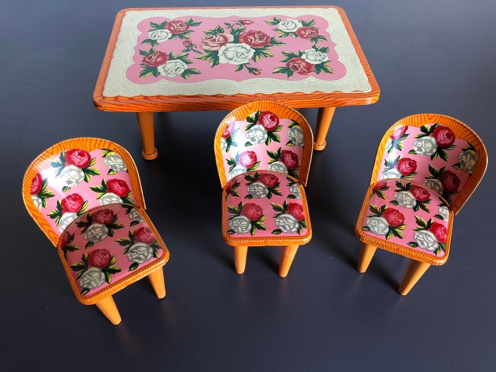 Blikken poppenhuisset tafel en stoelen (ca 65 jaar oud), Verzamelen, Poppenhuizen en Toebehoren, Ophalen, Zo goed als nieuw, Poppenhuis