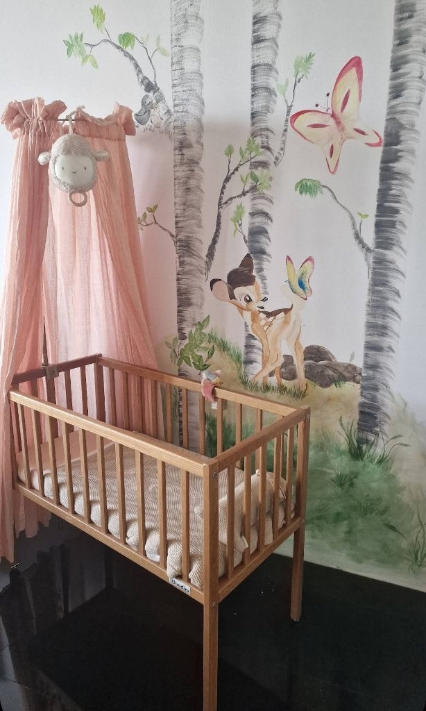Houten ledikantje op wielen met hemeltje en meer, Gebruikt, Minder dan 140 cm, Minder dan 70 cm, Ophalen