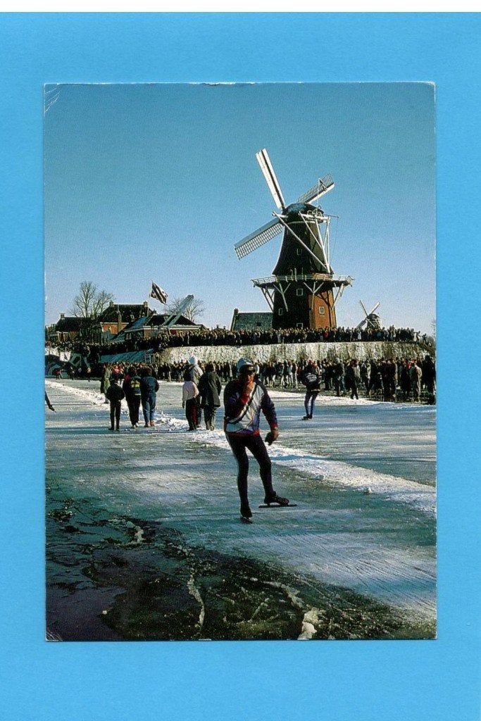 Molen , Friese vlag , schaatsers.   (.   Elfstedentocht? ), Verzenden, 1980 tot heden, Gelopen, Friesland