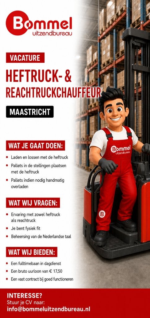 Vacature Heftruck- en Reachtruckchauffeur, 33 - 40 uur, Overige niveaus, Vanaf 1 jaar, Vast contract