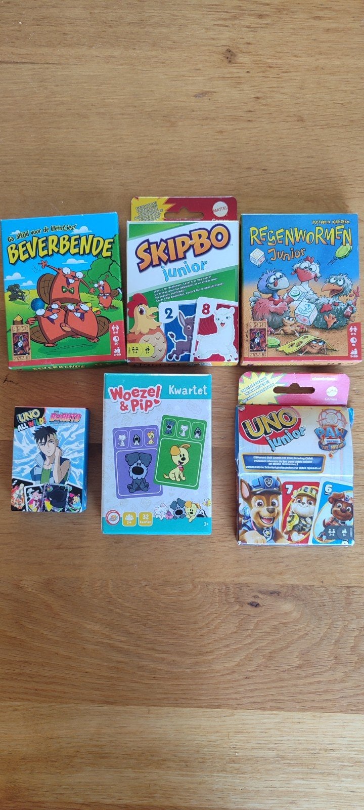 Kinderspellen: Uno junior, Beverbende, Skip-Bo, Regenwormen, Hobby en Vrije tijd, Een of twee spelers, Ophalen of Verzenden, Gebruikt
