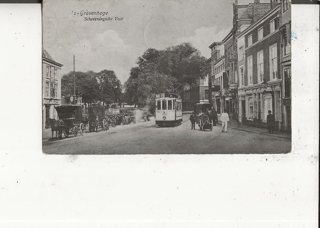 Den Haag Schev.Veer met Koetsen en tram Lijn 5 16-10-1915, Ophalen of Verzenden, Voor 1920, Gelopen, Zuid-Holland