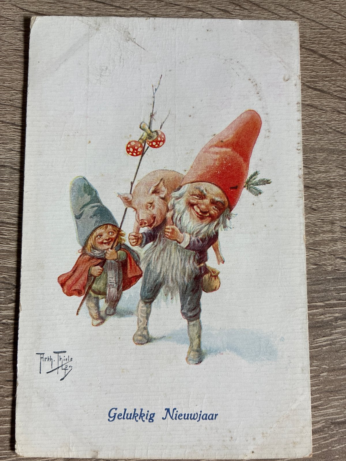 Antieke Nieuwjaarskaart: Kabouters Arthur Thiele 1928, Ophalen of Verzenden, Voor 1920, Gelopen, Overijssel