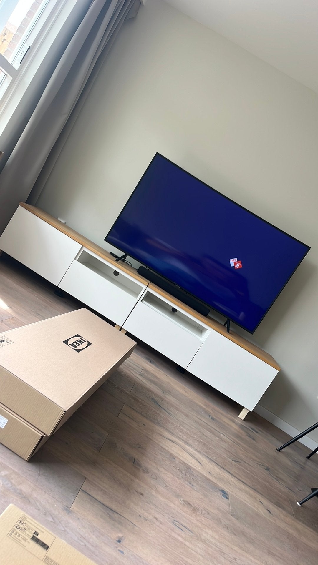 IKEA Besta TV-meubel met houten blad en lades, Ophalen, Zo goed als nieuw, 200 cm of meer, Minder dan 100 cm