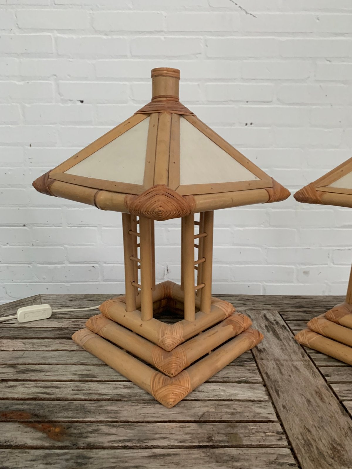 Lamp twee vintage pagode tafellampen van bamboe jaren 60., Huis en Inrichting, Ophalen of Verzenden