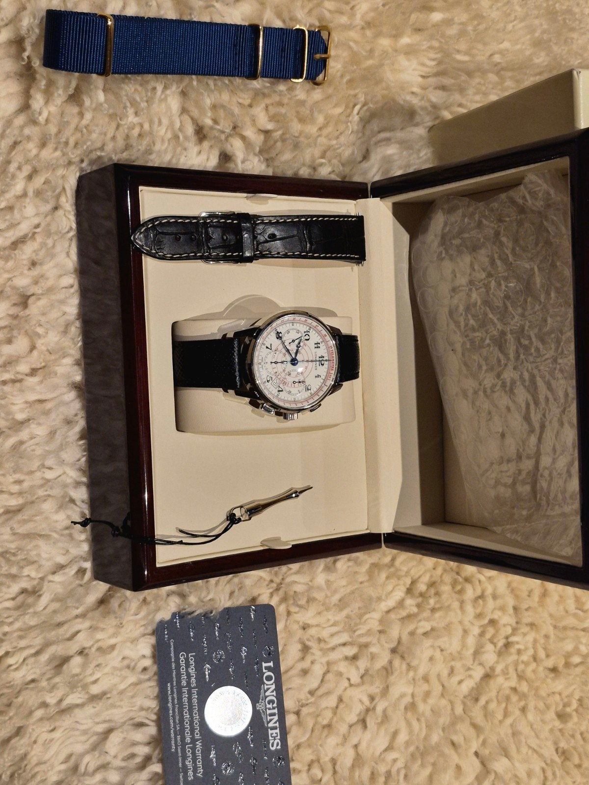 Longines Heritage Telemeter Chronograaf full set, Leer, Staal, Polshorloge, Zo goed als nieuw