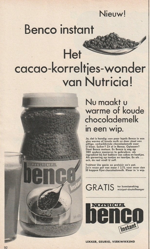 retro reclame 1968 Nutricia Benco chocolademelk frisdrank, Verzenden, Overige typen