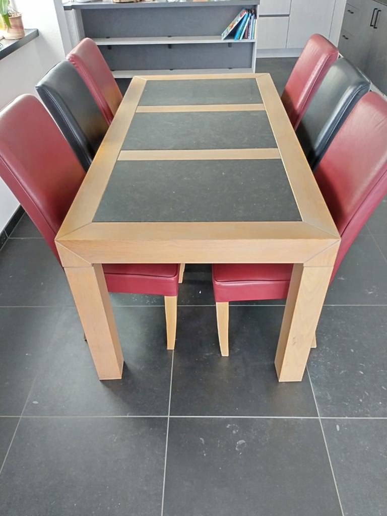 Eettafel met 6 stoelen - Hout en leer, Ophalen, Gebruikt, Overige materialen, 50 tot 100 cm