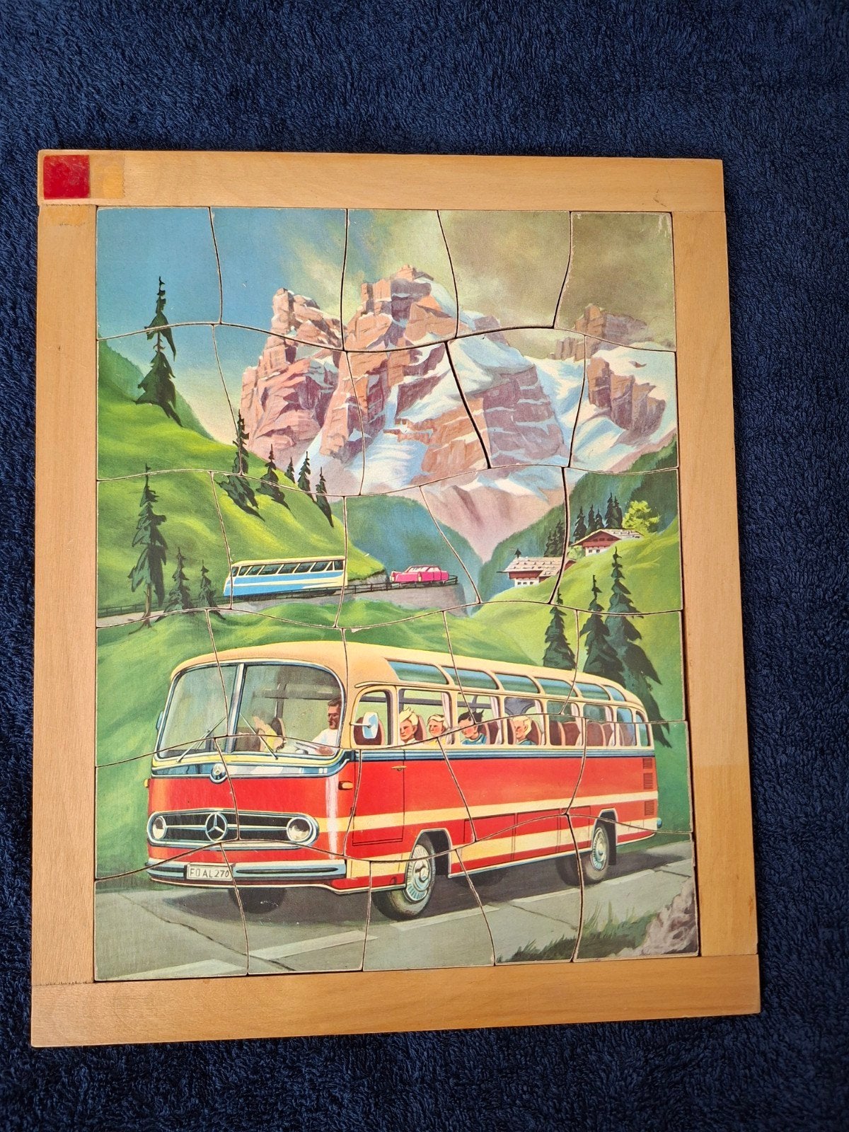 Vintage houten puzzel bus in de bergen, Ophalen of Verzenden